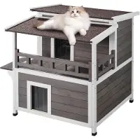 Vevor utendørs kattehus værbestandig, villkattehus for flere katter, 2-etasjers stort utendørs kattehus i tre med balkong, dører, PVC-dørklaffer og åpent tak, 30" L x 30" B x 32" H