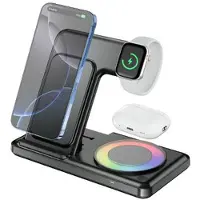 Mtp Products Q50D 4-i-1 sammenleggbar trådløs lader med RGB-omgivelseslys - 15W - Svart