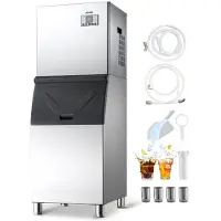 Vevor kommersiell ismaskin, 250 kg/24 timer ismaskin med 136 kg oppbevaringsboks i rustfritt stål, automatisk selvrensende ismaskin med berøringsskjerm for bar, kafé, restaurant, bedrift, kommersiell