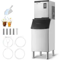 Vevor kommersiell ismaskin, 136 kg/24 timer ismaskin med 136 kg oppbevaringsboks i rustfritt stål, automatisk selvrensende ismaskin med berøringsskjerm for bar, kafé, restaurant, bedrift, kommersiell