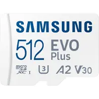 Samsung EVO Plus MB-MC512S - Flashminnekort (microSDXC til SD-adapter inkludert) - 512 GB - A2 / Video Class V30 / UHS-I U3 / Class10 - microSDXC UHS-I - hvit