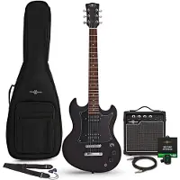Gear4Music Brooklyn elektrisk gitar svart 10 W gitarforsterker og tilbehørspakke
