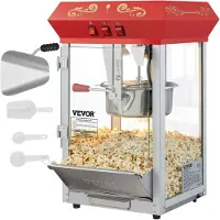 Vevor popcornmaskin, 850W popcornpoppermaskin, 225 g vannkoker lager 48 kopper per porsjon, popcornmaskin på benken med herdet glass, inkluderer 4 skjeer, kinostil, rød