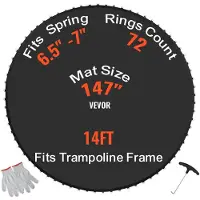 Vevor erstatningstrampolinematte, hoppematte passer til 14 fot ramme, universal hoppematte for 14 fot rund trampoline, forsterket UV-bestandig matte med fjærverktøy og slitesterke V-ringer, passer til