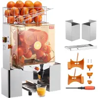 Vevor Kommersiell appelsinjuicer, 120 W automatisk juicer med vannkran, appelsinpresse i rustfritt stål 20 appelsiner/minutt, med uttrekkbar filterboks, PC-deksel, 2 bøtter for oppsamling av skall