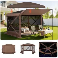 Vevor Pop-up paviljongtelt, 3,6 x 3,6 m stort 6-sidig campingtelt med avtakbart tak og bæreveske, hurtigmontert og bitesikkert, skjermet solskjerming for 8-10 personer, bakgårdsterrasse, brun