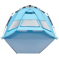 Vevor strandtelt solskjerm for 4 personer, pop-up strandtelt UPF 50+ beskyttelse, bærbar solskjerm med bæreveske og sandlommer, enkel oppsettparaply for camping, fiske, utendørs piknik