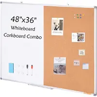 Vevor 48"x 36" whiteboard- og korktavlekombinasjon med aluminiumsramme – 2-i-1 magnetisk whiteboardtavle med tørrslett for veggmontering – ideell for skole, hjem, kontor