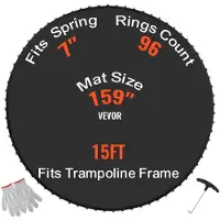 Vevor erstatningstrampolinematte, hoppematte passer til 15 fot ramme, universal hoppematte for 15 fot rund trampoline, forsterket UV-bestandig matte med fjærverktøy og slitesterke V-ringer, passer til