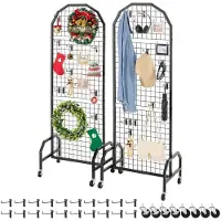Vevor 2-pakninger med rutenettveggpaneler, 600 x 1640 mm utstillingsstativ for trådgitterpaneler, flyttbar kunstutstillingshylle med hjul og 20 kroker, svart rutenettvegg i karbonstål for håndverksuts