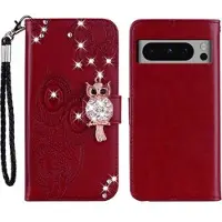 Mtp Products Google Pixel 8 Pro Ugle Rhinestone Lommebok-deksel - Rød