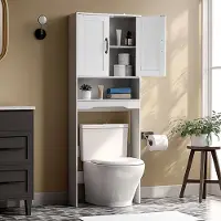 Vevor Oppbevaringsskap over toalettet, 165,1 cm høy oppbevaringsarrangør for badet med dobbel dør og justerbar hylle, plassbesparende arrangør over toalettet med åpen hylle, hvit