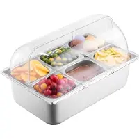 Vevor Benkeplate Matserveringsbeholder, 6 Pan Rustfritt Stål Matserveringsbrett, Buffet Krydderdispenser Display Stativ med Klar Lokk og 3 Frysebokser, For Restaurant Hotell Kjøkken Fest