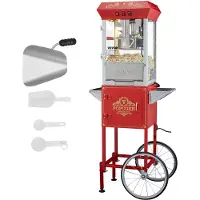 Vevor popcornmaskin med handlevogn, 850W popcornpoppermaskin, 225 g vannkoker lager 48 kopper per porsjon, popcornmaskin utstyrt med herdet glass, inkluderer 4 skjeer, kinostil, rød