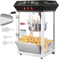 Vevor popcornmaskin, 850W popcornpoppermaskin, 225 g vannkoker lager 48 kopper per porsjon, popcornmaskin på benken med herdet glass, inkluderer 4 skjeer, kinostil, svart