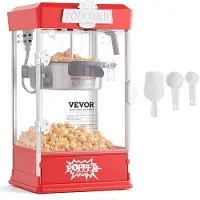 Vevor popcornmaskin, 480 W popcornpoppermaskin, 115 g vannkoker gir 6,5 liter per porsjon, bordpopcornmaskin, inkluderer 3 skjeer, kinostil, rød