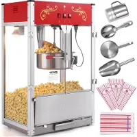 Vevor popcornmaskin, 1615W popcornpoppermaskin, 16 oz vannkoker, stor kapasitet, benkeplatepopcornmaskin med herdet glass, inkluderer 3 rustfritt stålskjeer, kinostil, rød