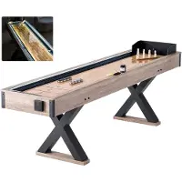 Vevor Shuffleboard-bord, 2,7 meter LED-lysende shuffleboard for familierom, 2-i-1 shuffleboard- og bowlingkombinasjonssett, med ripebestandig spillefelt, ben, 8 pucker, bowlingsett, voks, børste