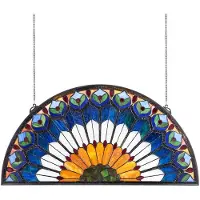 Vevor Glassmaleri, 913 x 465 mm, hengende vinduspanel i Tiffany-stil med kjetting, stort halvrundt glassmaleri, tradisjonelt håndverk for kjøkkeninnredning