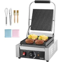 Vevor Kommersiell Panini Grill, 1800W elektrisk sandwich panini-maskin, sandwichpresse i rustfritt stål, panini-grill med temperaturkontroll og 9"x9" fullrillet emaljeplate for hamburgerbiff bacon
