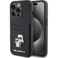 Karl Lagerfeld iPhone 15 Pro Saffiano-etui med kortspor i metall - Karl & Choupette - Sort