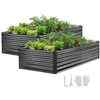 Vevor 2-pakning galvaniserte hevede hagebed, 2030 x 1020 x 460 mm, rektangulære metallplantekasser sett utendørs, hevet plantekasse med hansker, alu-sink, for dyrking av blomster og grønnsaker, mørkeg