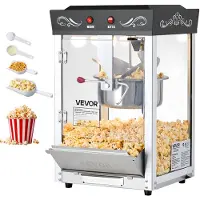 Vevor popcornmaskin, 0,2 kg vannkoker i rustfritt stål, 800 W kommersiell popcornmaskin for benkeplate, 48 kopper per porsjon, popper i teaterstil, med 2-knapps betjening, glassvegg, PC-dør, 1 skje, 3