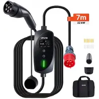 Vevor mobil veggboks, 22 kW 32A, type 2 bærbar elbillader, 3-faset elbillader med 7 m ladekabel, CEE32-plugg, LCD-skjerm, justerbar elbilladestasjon, IP66-kontrollboks