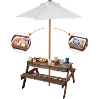 Vevor piknikbord for barn med parasoll, 3-i-1 sand- og vannbord, utendørs trebord og benksett med 2 brett, utemøbler for 4 personer til hage, bakgård og veranda (valnøtt)