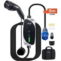 Vevor mobil veggboks, 7,4 kW 32A, type 2 bærbar elbillader, enfaset elbillader med 6 m ladekabel, CEE-plugg, LCD-skjerm, justerbar elbilladestasjon, IP66-kontrollboks