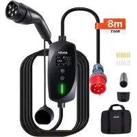 Vevor mobil veggboks, 11 kW 16A, type 2 bærbar elbillader, 3-faset elbillader med 8 m ladekabel, CEE16-plugg, LCD-skjerm, justerbar elbilladestasjon, IP66-kontrollboks