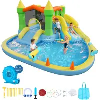 Vevor Oppblåsbart hoppehus, 12,5 x 13,1 x 6,5 fot Oppblåsbart hoppehus Vannsklie, Hoppeslott med hoppeslott, basketballkurv, plaskebasseng og vannringkast, for 3 til 4 barn i alderen 3 til 8 år