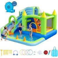 Vevor Oppblåsbart hoppehus, 11,3 x 12,3 x 7,0 fot Oppblåsbart hoppehus Vannsklie, Hoppeslott med hoppeslott, basketballkurv, plaskebasseng og vannringkast, for 3 til 4 barn i alderen 3 til 8 år