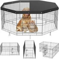 Vevor Hundeinnhegning, 8 paneler sammenleggbar metalltrimpenn for hunder med topplokk, 24" H kjæledyrgjerde, valpebur med bakkespyd, innendørs utendørs hundeinnhegning for små mellomstore kjæledyr, fo