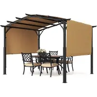 Vevor 10 x 10 fot utendørs pergola, metallpergola med buet topp, uttrekkbar pergola med solskjerming, stor terrassepaviljong, kraftig hagepergola for terrasse, bakgård, veranda, bassengkant