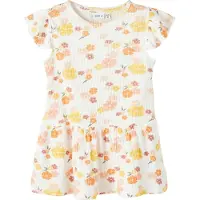 Name it Kjole - NmfPhalia - Rib - Bright White m. Blomster - - 3 år (98) - Kjole