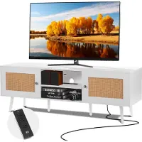 Vevor TV-stativ i rotting for 65-tommers TV, bohemsk TV-stativ med rottingdør, underholdningssenter med innebygd stikkontakt og USB-porter, moderne TV-konsoll for stue, medierom, hvit