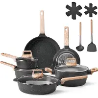 Vevor 17-delers gryte- og pannesett med nonstick-belegg, granitt kokekarsett, induksjonskokekar, kjøkken RV-kokekarsett med steking, saus, sauté, herdet glasslokk og pannebeskyttere, svart
