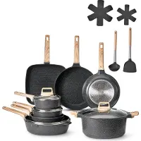 Vevor 19-delers gryte- og pannesett, granitt nonstick kokekarsett, induksjonskokekar, kjøkken RV-kokekarsett med steking, saus, sauté, herdet glasslokk og pannebeskyttere, svart