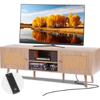 Vevor Rattan TV-stativ for 65" TV Boho TV-stativ med innebygget stikkontakt Eik