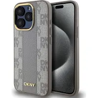 DKNY MagSafe iPhone 15 Pro-etui i skinn med rutete ensfarget mønster - Beige