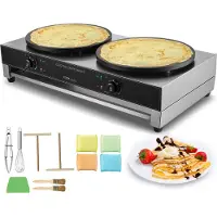 Vevor elektrisk crêpe-maskin, 16-tommers kommersiell crêpe-maskin med dobbelt hode, 6000 W flat plate for crêpe, pannekakelaging i rustfritt stål med slippbelegg, rund pannekakeovn for frokostblanding