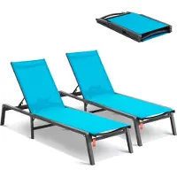 Vevor Sjeselongstoler utendørs, aluminiums terrassestoler med justerbar 5-posisjoner, sammenleggbare bassengstoler lenestoler og helt flate solariumstoler for terrasse, strand, basseng, blå, 2 stk