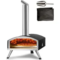 Vevor utendørs pizzaovn, 12-tommers, pizzagrill i rustfritt stål med trepellets og kull, bærbar utendørs pizzagrill i rustfritt stål med pizzastein, vanntett trekk, spade, vedovn for camping i hagen