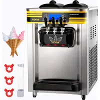 Vevor kommersiell iskremmaskin, 22–30 l/t kapasitet, benkeplate-softmaskin med 2 x 6 l beholder, 2 l sylinder, LCD-panel, alarm for ismangel, frossen yoghurtmaskin for restaurant, snackbar, sølvfarget