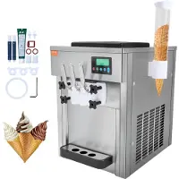 Vevor kommersiell iskremmaskin, 21 qt/t kapasitet, 1800 W softiskremmaskin med 3 smaker for benkeplate, 2 x 4 l beholdere, 2 x 1,8 l sylindere, LCD-panel med automatisk rengjøring og forkjøling, for r