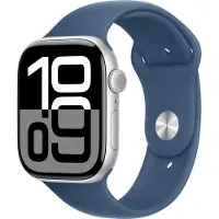 Apple Watch Series 10 (GPS) - 46 mm - sølvaluminium - smartklokke med sportsbånd - fluorelastomer - denim - båndbredde: S/M - 64 GB - Wi-Fi 4, UWB,...