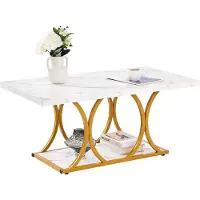 Vevor salongbord, moderne salongbord i imitert marmor, rektangulært skrivebord med 2 nivåer og geometriske ben, minimalistisk, solid metallramme, aksentbord for stue og kontor, enkel montering, hvit
