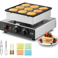 Vevor hollandsk pannekakebaker, 9 stk. 76 mm diameter Dorayaki-bakemaskin, 850 W kommersiell elektrisk poffertjesgrill, non-stick rustfritt stål, temperatur- og tidskontroll, for hjemmekjøkken, restau