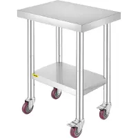 Vevor arbeidsbord i rustfritt stål 24 x 18 x 34 tommer, 700 lbs lastekapasitet med 4 hjul, 3 justerbare høydenivåer, kraftig arbeidsbord for matlaging for storkjøkkenrestaurant, sølvfarget